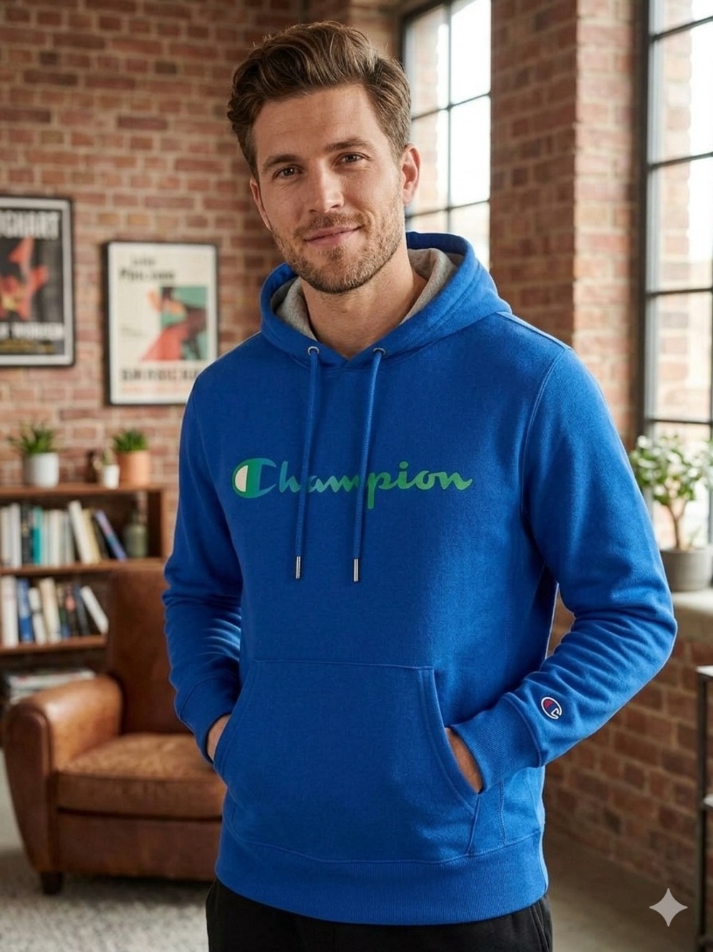 • Champion Authentic Athleticwear Blue Hoodie Green Spellout Pullover Size S